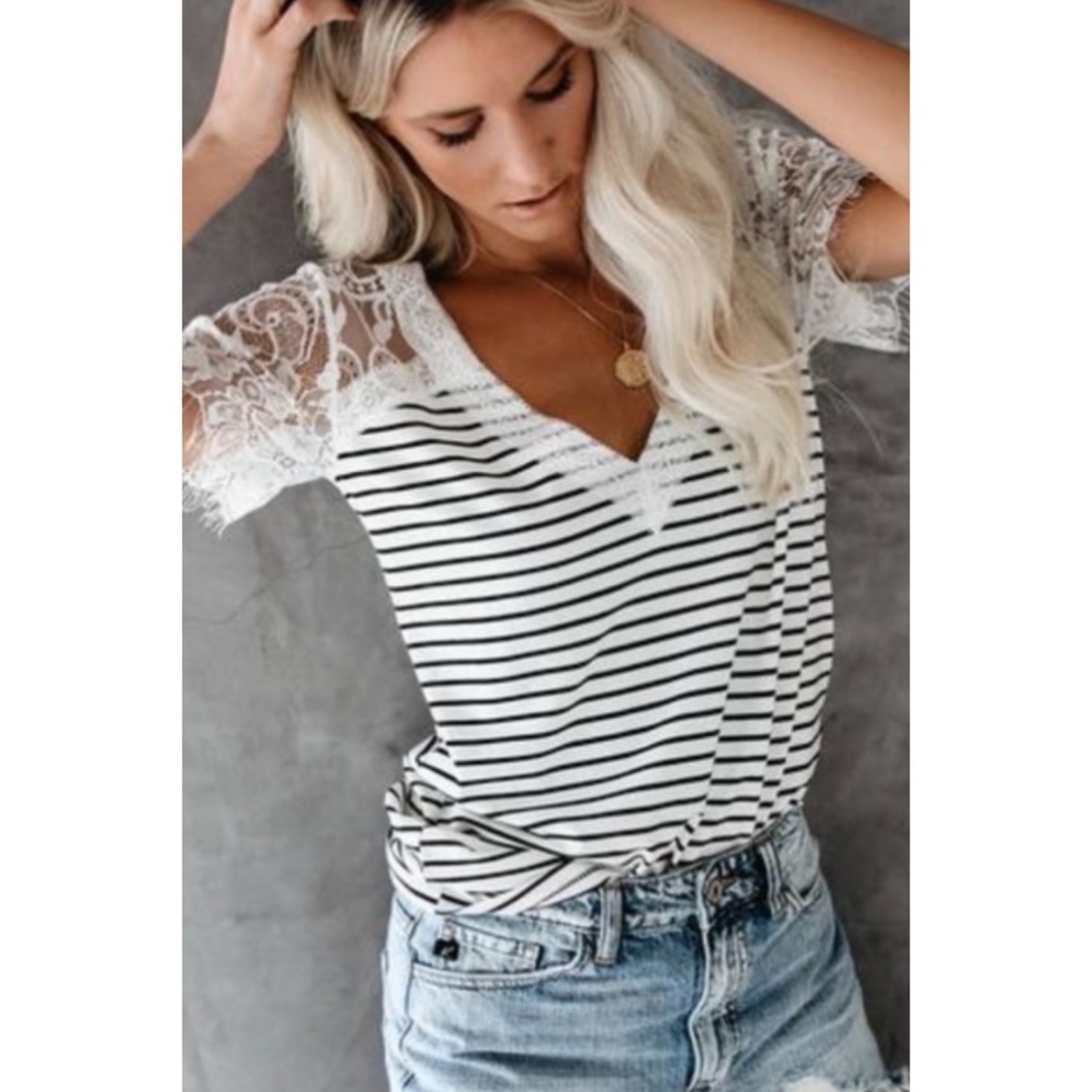 POL White with Black Stripes V Neck Lace Sleeve Rayon Jersey Tee - Picture 9 of 12